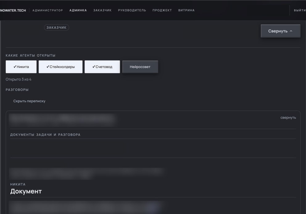Агенты собраны на платформе NOWATER.TECH: просмотр сохраненного диалога участника. Перечень доступных агентов шире двух ролей, описанных в кейсе